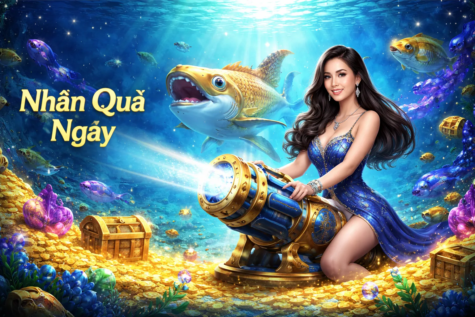 Banner quảng cáo vnbet với hình ảnh sòng bạc trực tuyến sang trọng, người chơi đang tương tác, màu sắc xanh dương chủ đạo.